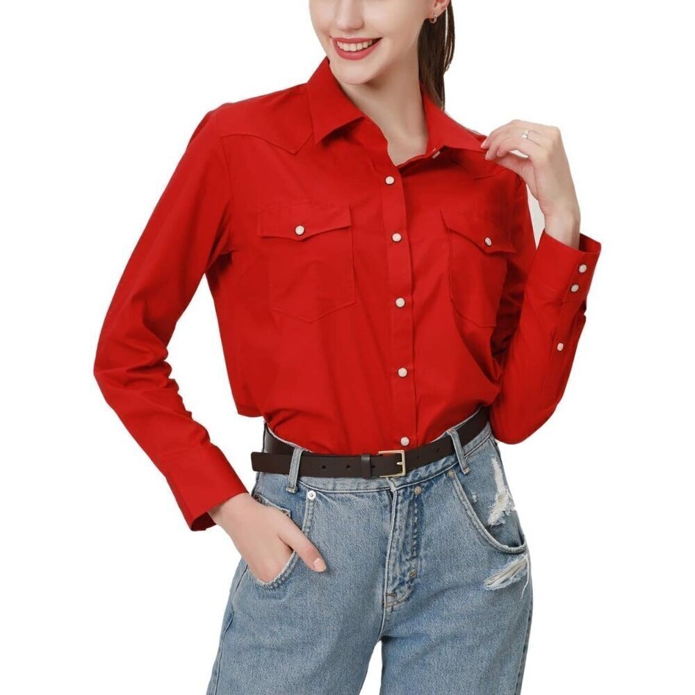 Red Pure Cotton Long Sleeve Western Shirts for Women's with Snap Buttons Plaid